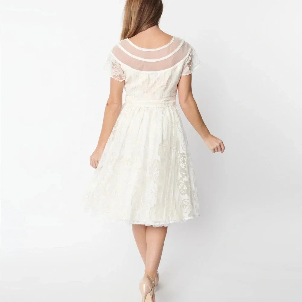 NWOT Unique Vintage White Burnout Rose Flare Dress - Picture 3 of 5